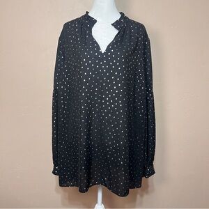 Lane Bryant Peasant Style Black Tunic Blouse Gold Dots Ruffled Boxy Puff Sleeves